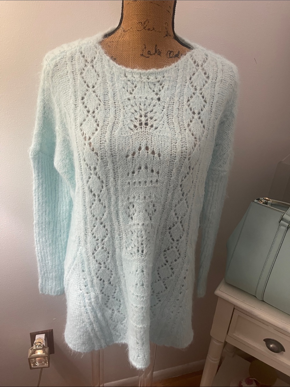 Anthropologie Pale Aqua Blue Lace-Knit Crewneck Sweater